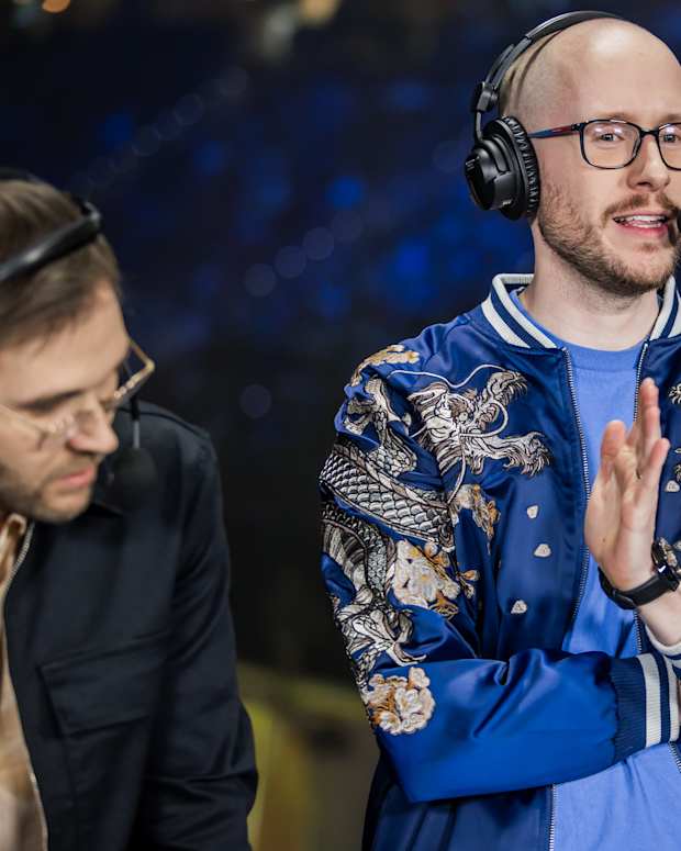 Esports caster Isaac "Azael" Cummings-Bentley speaks during the 2023 LCS Spring Finals at the PNC Arena on April 9, 2023. (Photo by Marv Watson/Riot Games)
